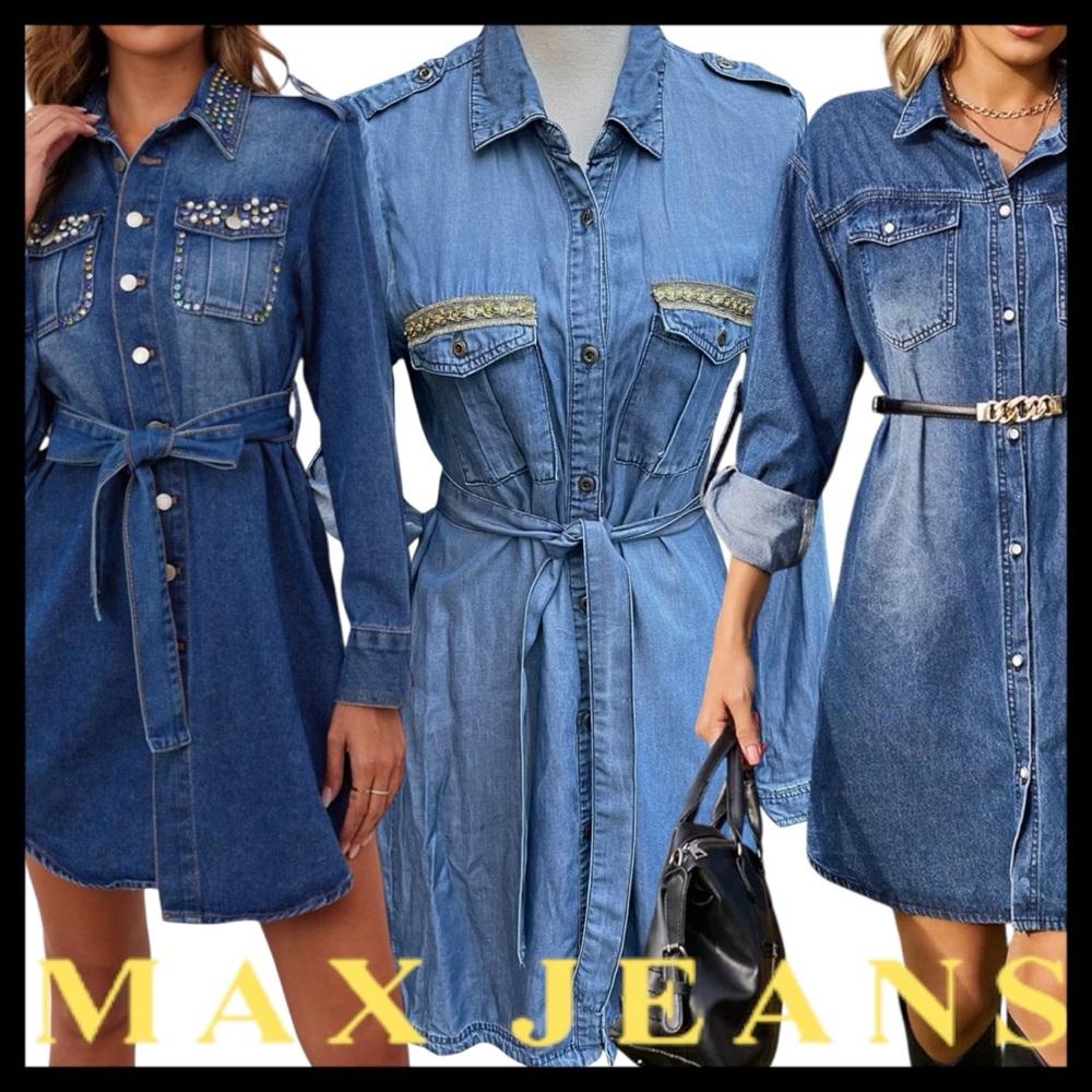 Max Jeans Tencel Denim Button Front Pocket Applique Belted Shirt Dress (M)